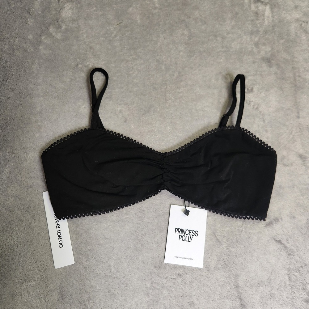 New Princess Polly Kiki Bralette Bra Womens 8 Black Lace Trim Detail Ruched